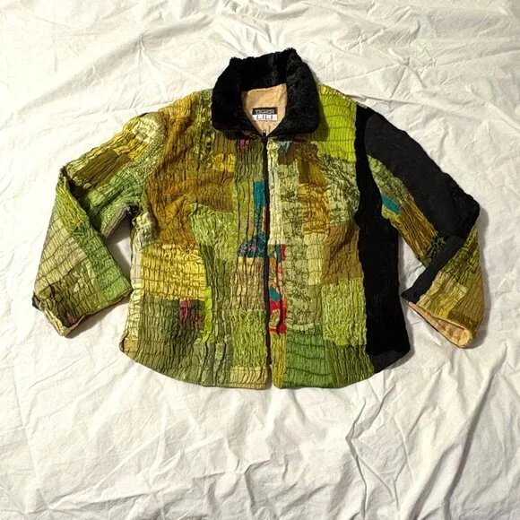 Tiger Lili VTG 80s 90s Patchwork Jacket 100% Silk Wearable Art Faux Fur Green 10 - Picture 2 of 13